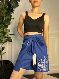 Coral in blue wrapped around shorts XS-M