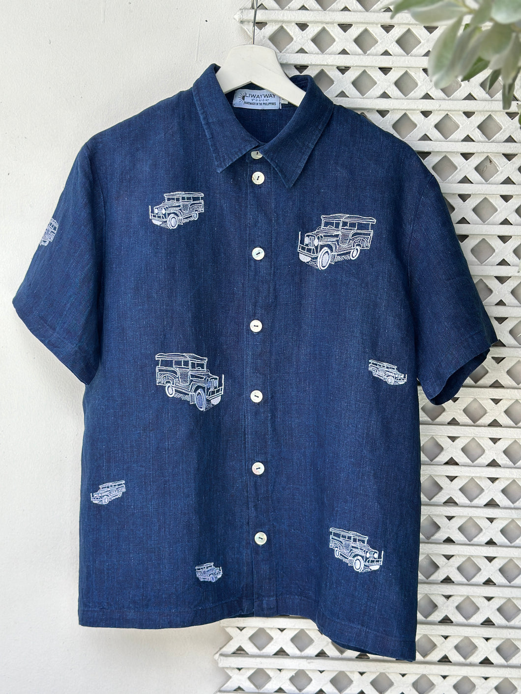 Jeepney polo navy blue denim linen