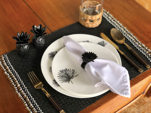 Set of 6 black placemats with gold, black and white beads