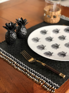 Set of 6 black placemats with gold, black and white beads
