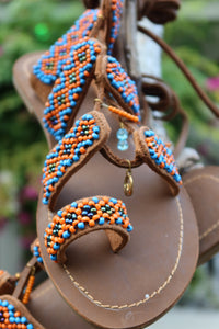 Beaded Sandals with orange and blue beads