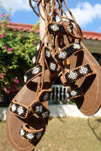 Load image into Gallery viewer, Beaded Sandals with black, white and gold beads
