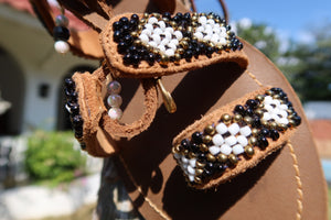 Beaded Sandals with black, white and gold beads