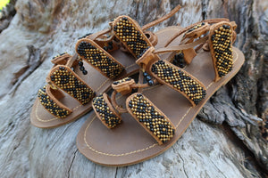 Beaded Sandals with black and gold beads