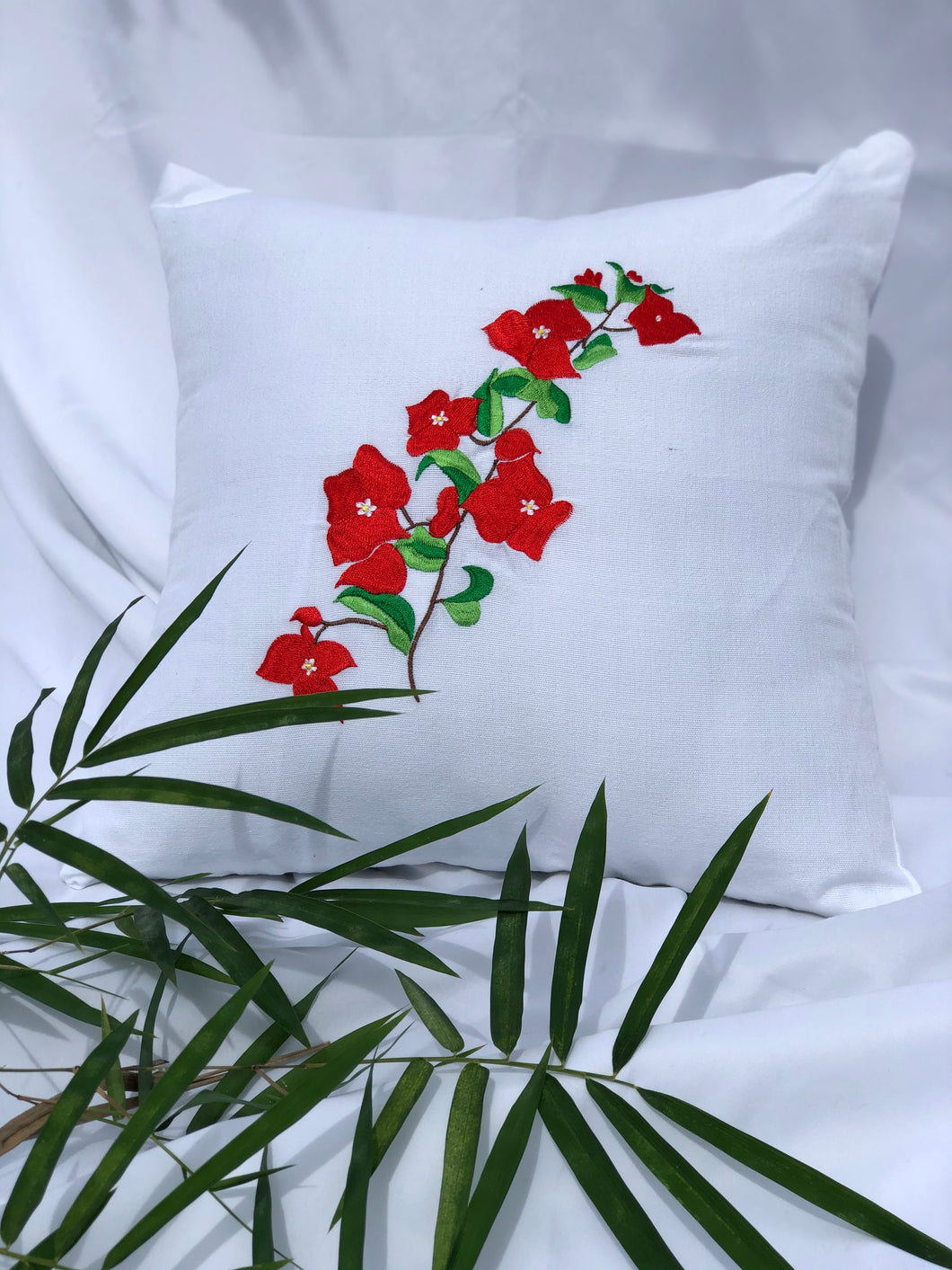 Bougainvillea embroidered pillowcase in white